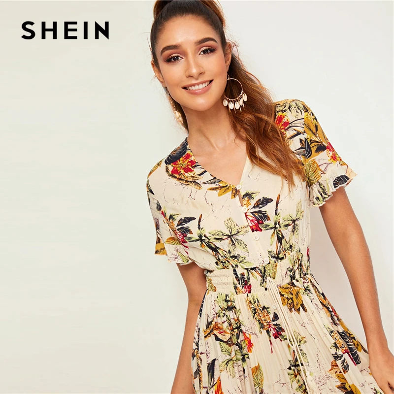 SHEIN платье с тропическим принтом и пуговицами на талии,, Boho, женское, абрикосовое, с рюшами, с завязками спереди, с v-образным вырезом, летнее платье