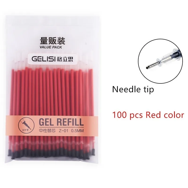 Needle Red 100 шт гелевые чернила, сменная упаковка, 0,5 мм, шариковые ручки красного, черного, синего цвета для письма, офисные, школьные принадлежности - Цвет: Needle Red