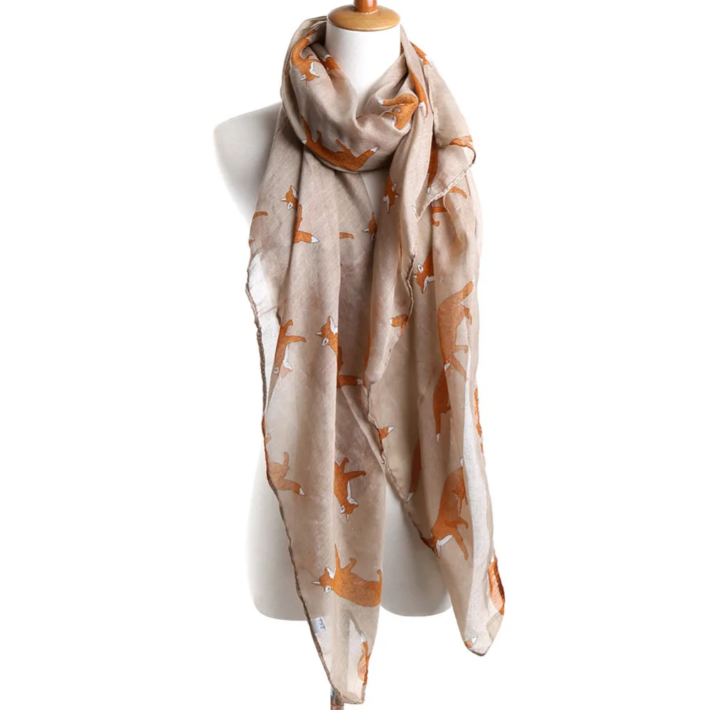 Шарф женский винтажный с принтом лисы и животных Длинный мягкий хлопковый