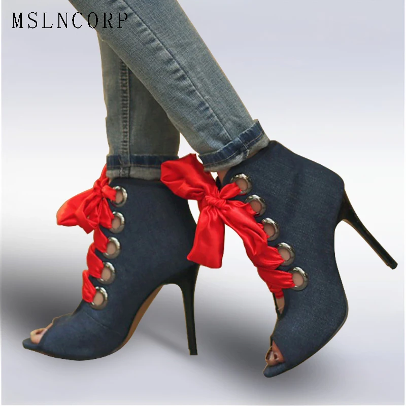 

plus size 34-46 New Spring Summer Women Ankle Short Boots Sandals Shoes Woman Fashion Lace Up Denim Gladiator high heels Pumps