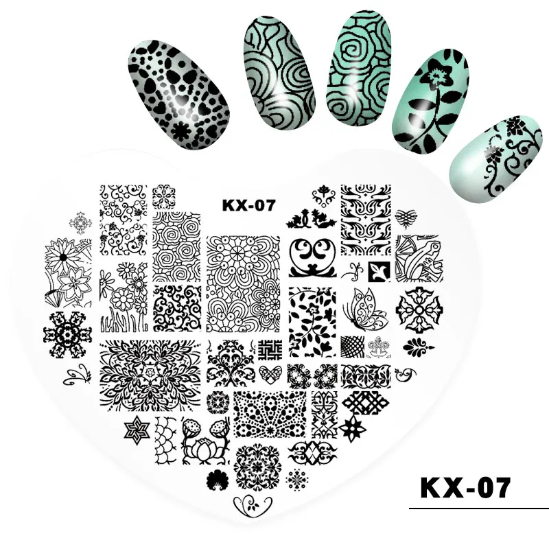 KX-07 1 шт. пластиковые штамповки в форме сердца для ногтей 10 дизайн с цветочным принтом трафарет штамп DIY шаблон для ногтей Передача маникюра - Цвет: KX-07