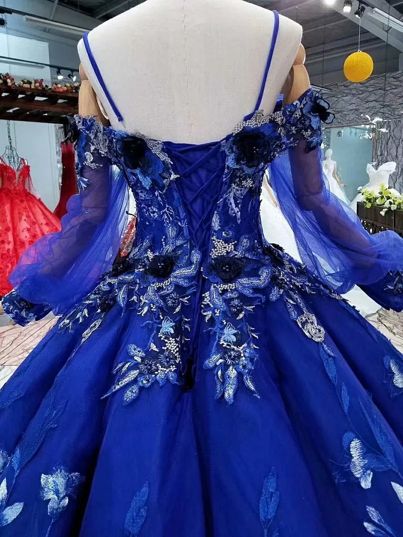 AOLANES 2018 New Blue Lace Appliques Court Train Evening Dresses Ball Gown Long SLeeves Floor-length Illusion Party Prom Dress | Свадьбы и