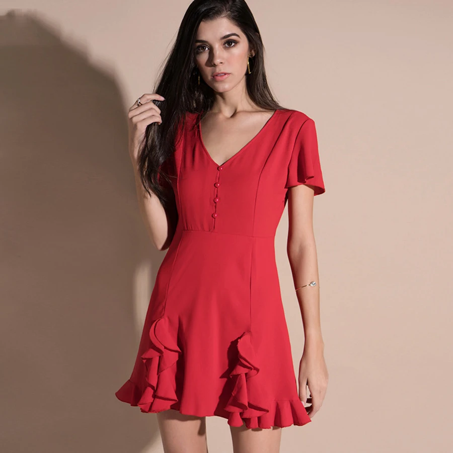Женское плиссированное платье с v-образным вырезом и оборками красное отложным