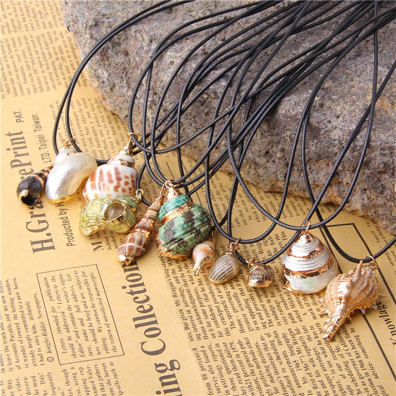 Модное ожерелье из ракушек для женщин кожаная веревка с золотистыми краями