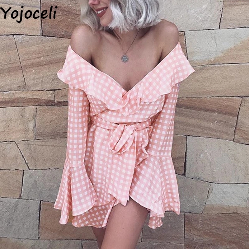 Женская блузка в горошек Yojoceli Весенняя с рюшами и открытыми плечами клетку