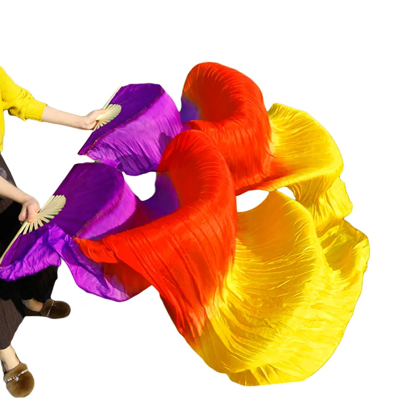 

High selling 100% Real Silk Veils 1Pair handmade dyed women silk belly dance performance fans dance purple+red+orange 180*90 cm