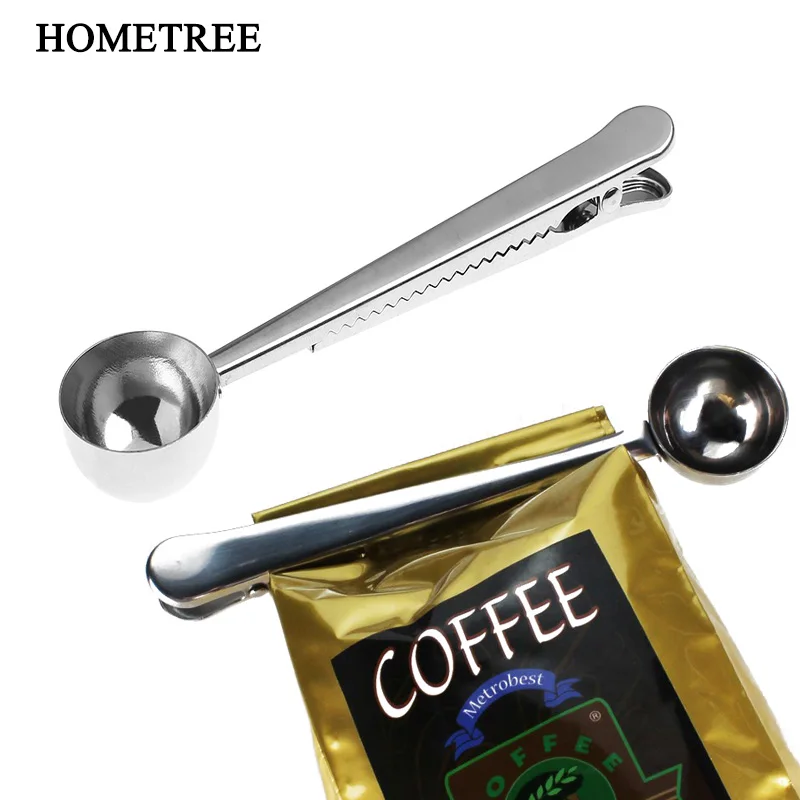 

HOMETREE 2-In-1 Measuring Spoon Sealing Clip Coffee Milk Flour Cream Fruit Spoon High Quality Stainless Steel Sealing Clip H1209