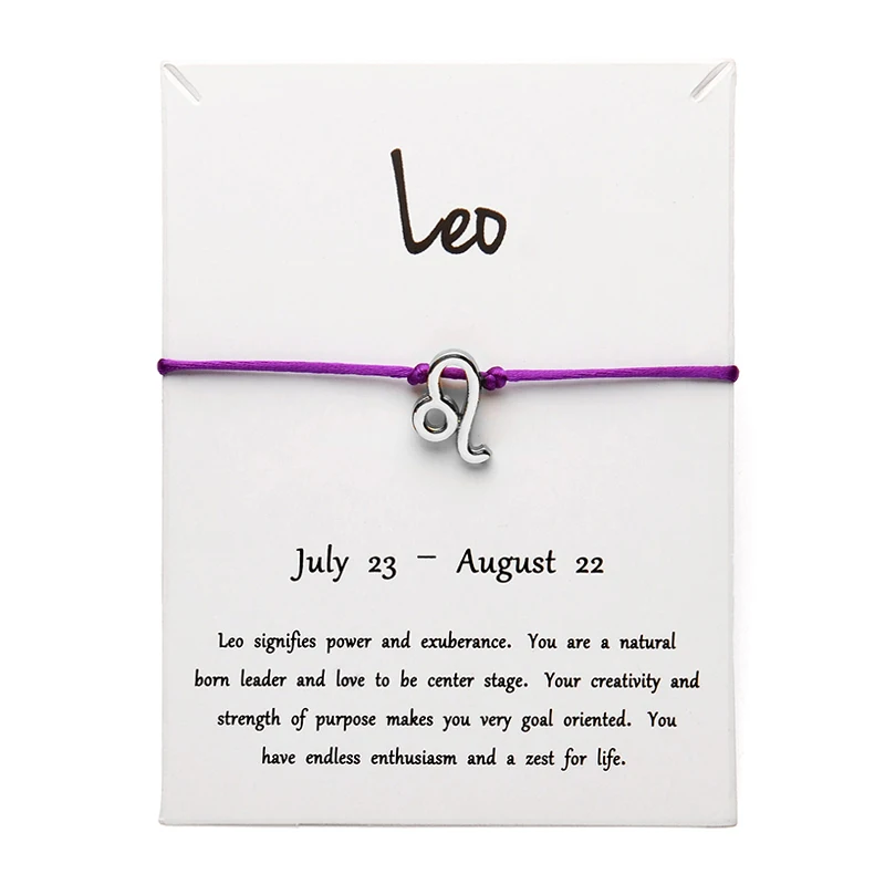 purple slver Leo Белая карта Модные украшения 12 Созвездие Зодиак Лев счастливая веревка браслет браслеты для женщин аксессуары - Окраска металла: purple slver Leo