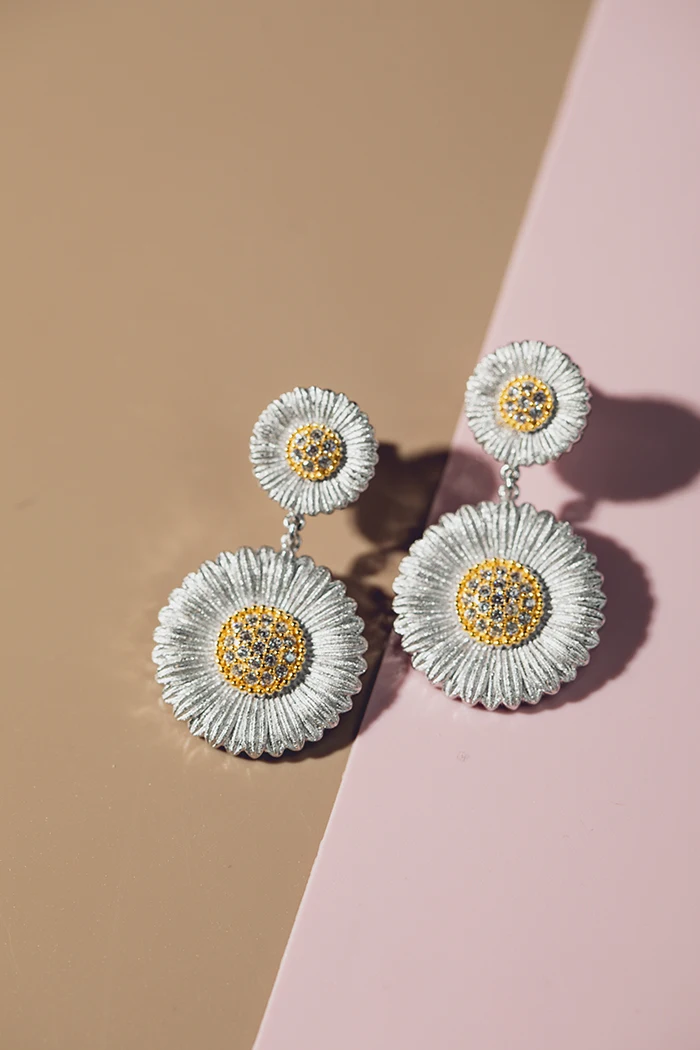 CMAJOR Solid Sterling Silver Jewelry Two Tone Vintage Elegant Daisy Bellis Perennis Drop Earrings For Women