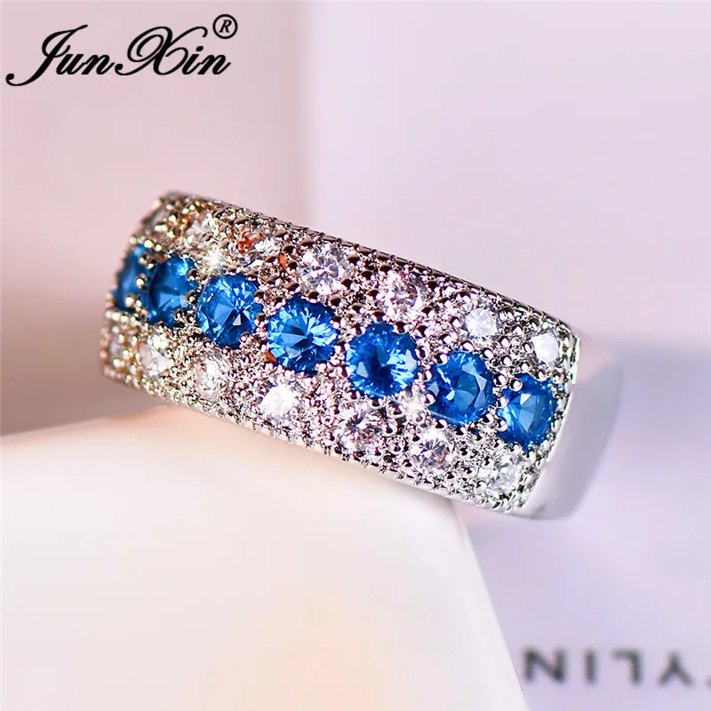 Lake Blue Ring JUNXIN блестящие женские большие кольца для помолвки серебро 925 пробы белые синие Хрустальные Обручальные кольца для женщин ювелирные изделия - Цвет основного камня: Lake Blue Ring