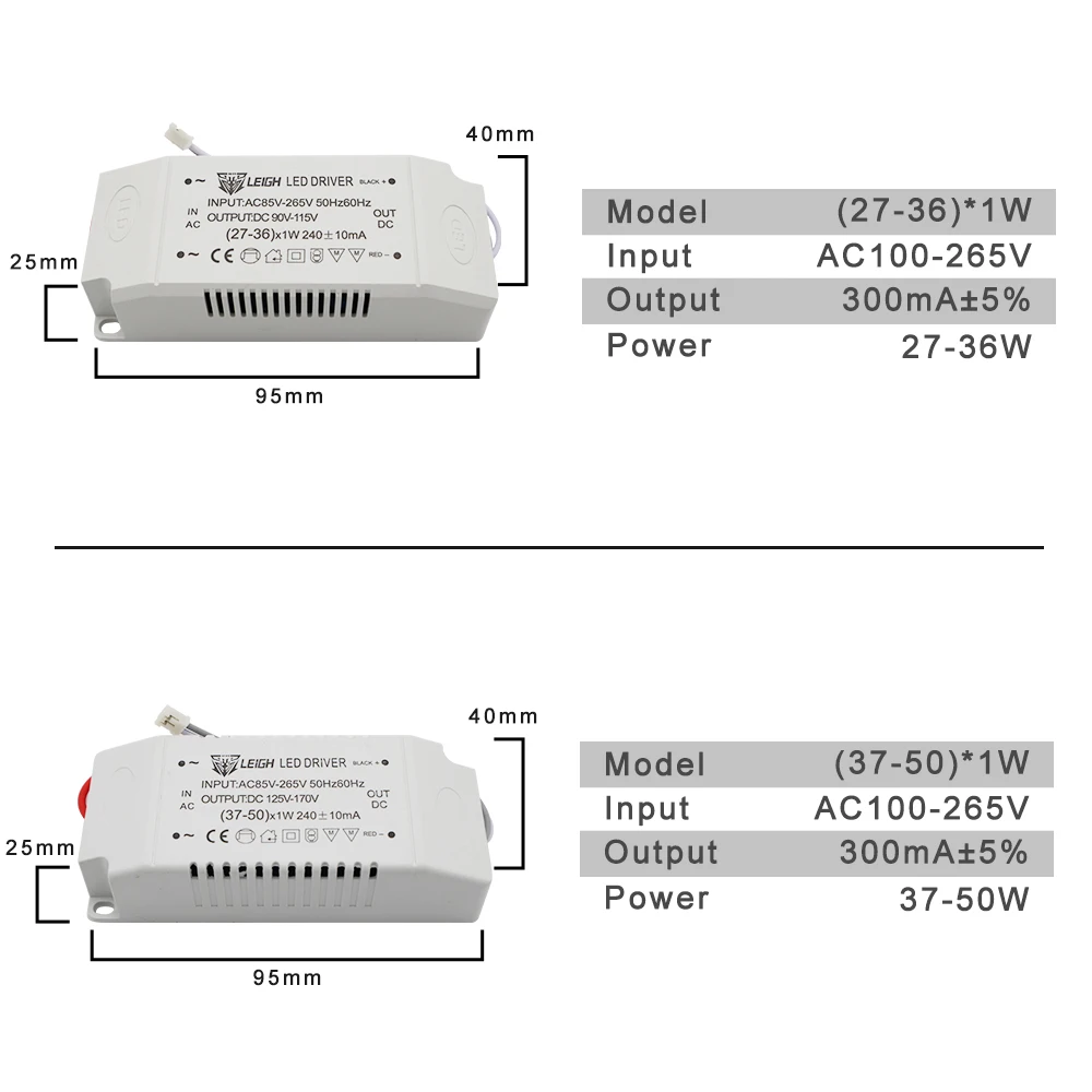 

220V LED Constant Current Driver 1-3W 4-7W 7-12W 12-18W 26-36W 37-50W Power Supply Output 300mA 240mA External For LED Downlight