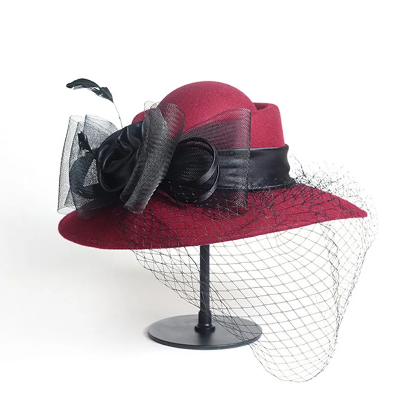 FGHGF, женские вуалетки с широкими полями, шерстяная фетровая шляпа, Коктейльные, вечерние, свадебные, фетровые шляпы, платье, церковная шляпа, плюшевая фетровая Зимняя шляпа