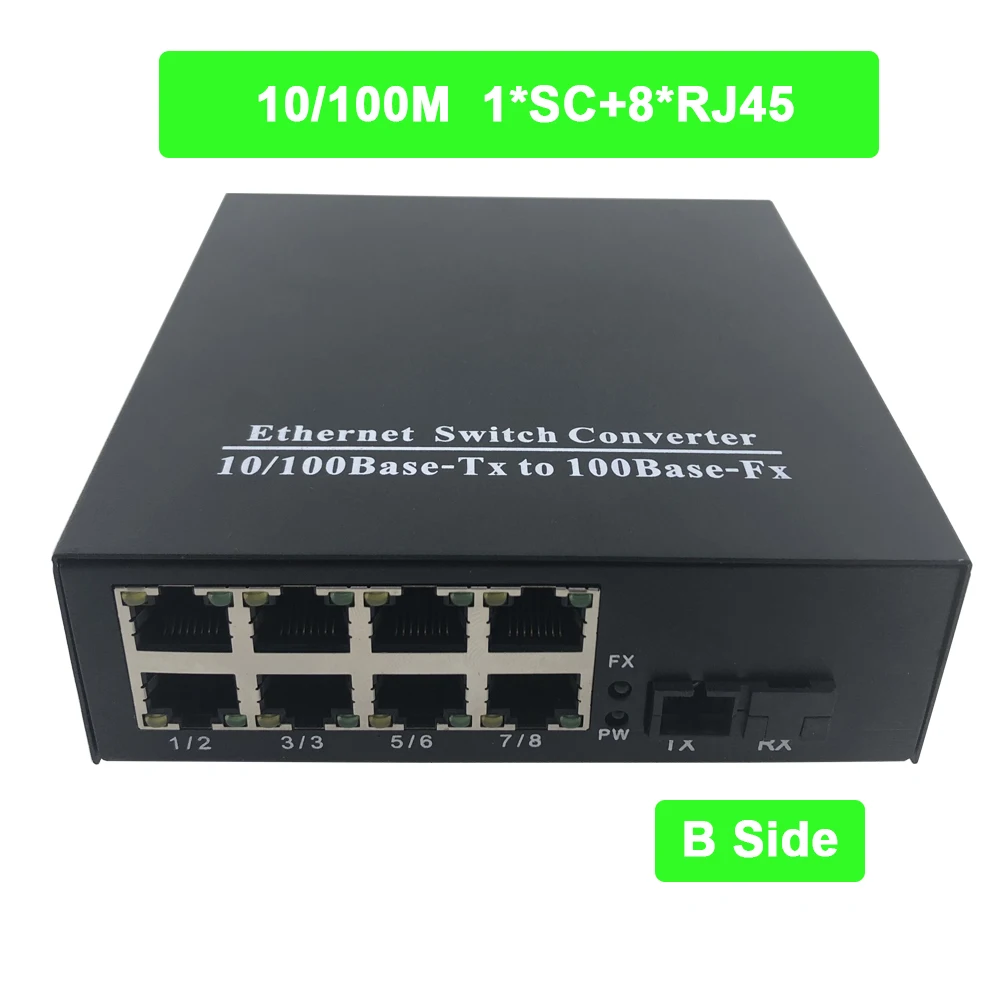 Одноволоконный порт 10/100 м 1550 нм 8 портов ethernet Волоконный коммутатор RJ45 20 км
