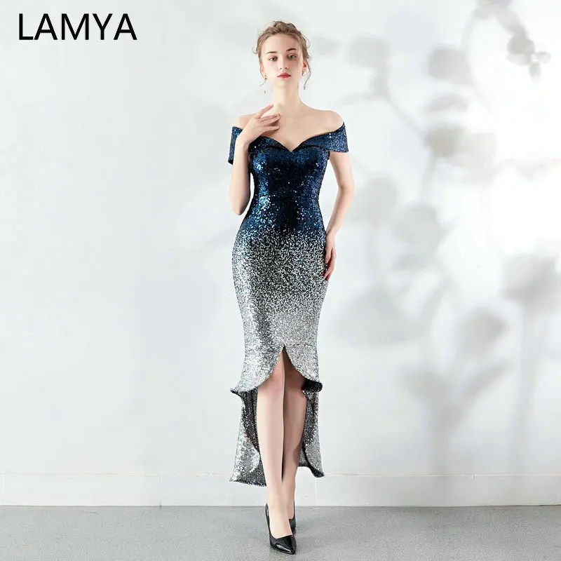 LAMYA модное серебряное коктейльное платье с блестками Элегантные вечерние платья с высоким низким вырезом платье для выпускного вечера