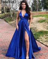 janevini sexy ladies royal blue long prom dresses 2019 high split backless a line halter vestido gala formal evening party gowns