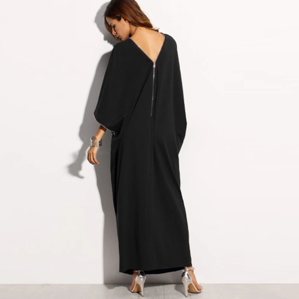 SHEINNET Новая Мода Sexy Двухместный Глубокий V Шеи Макси Dress Сплошной Черный