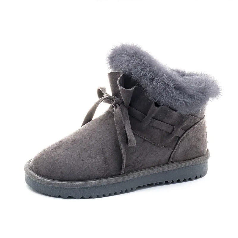 Grey Женские зимние ботинки; коллекция года; зимние кожаные короткие плюшевые теплые ботинки; ботильоны для женщин; зимняя обувь на плоской подошве; женские зимние ботинки на резиновой подошве - Цвет: Grey