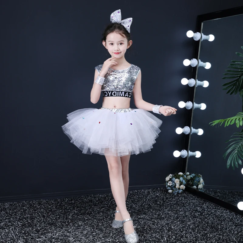 Sequin jazz dance costumes girls top salsa skirt modern dancing dress girl Kids competition costume dancewear |