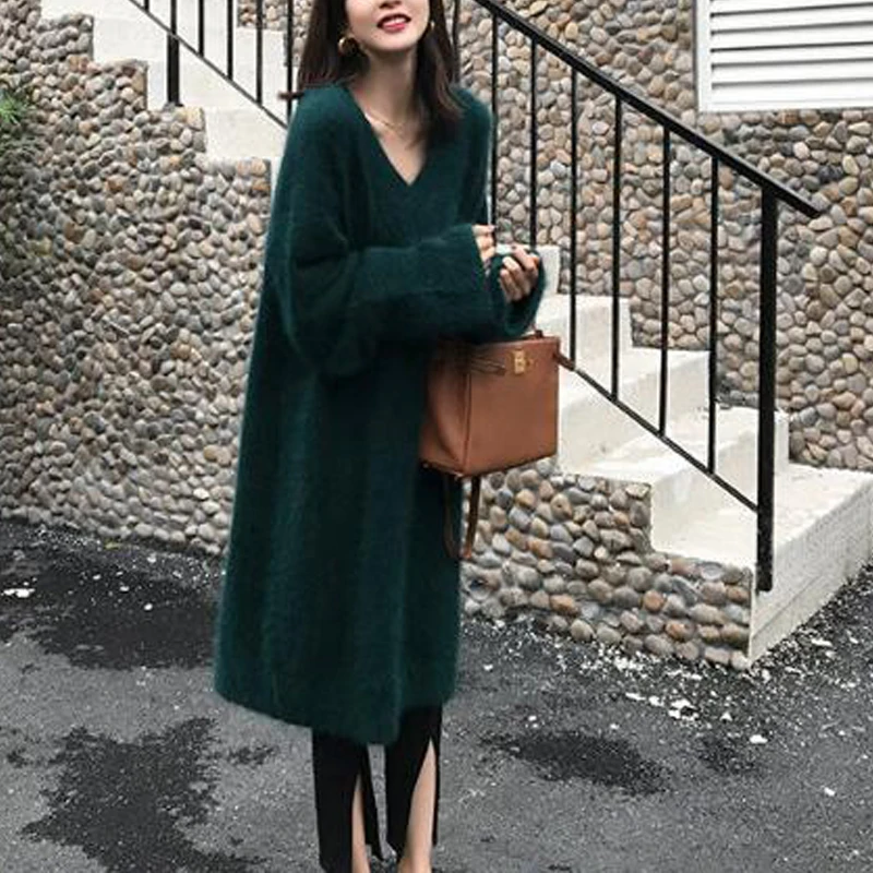 Женское длинное платье-свитер с V-образным вырезом | Женская одежда