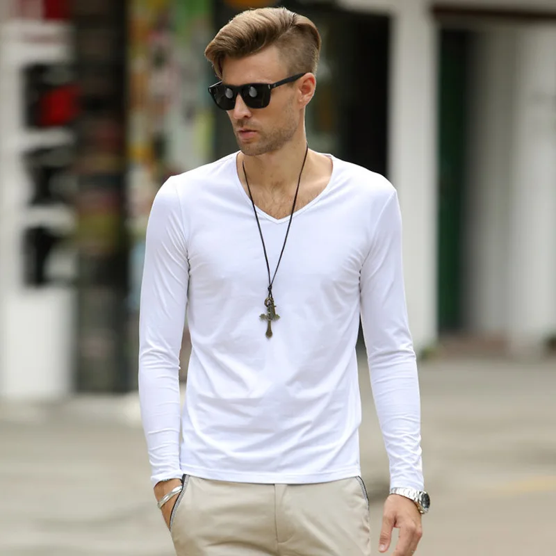 Мужское осенне-зимнее пальто с вырезом лодочкой Однотонная футболка длинным