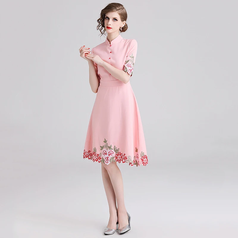Новинка женское летнее розовое платье с цветочной вышивкой китайский воротник