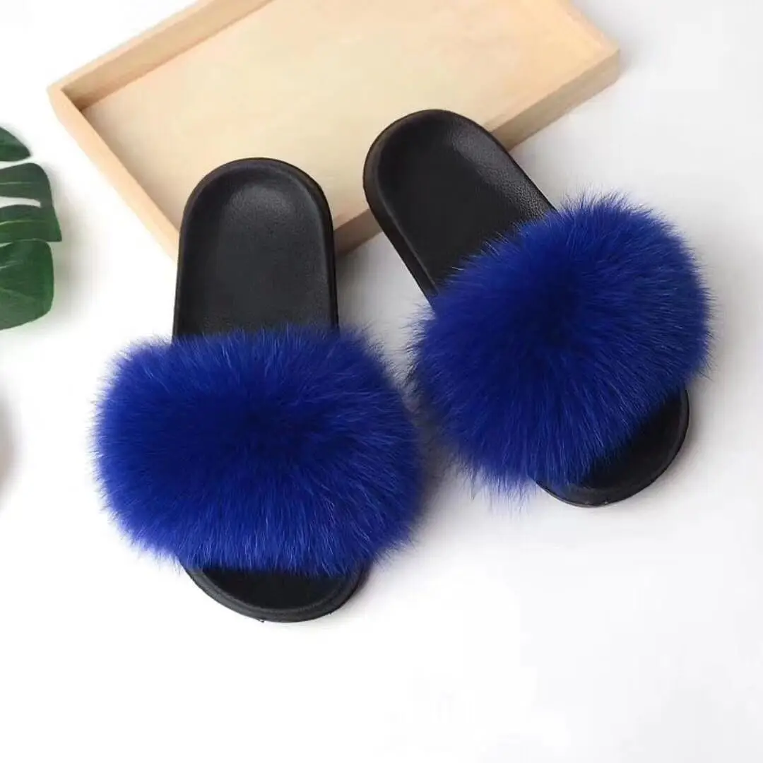blue Женские шлепанцы с натуральным лисьим мехом; женские шлепанцы; женские пляжные сандалии; Модные женские пляжные вьетнамки с пушистым мехом; сезон весна-лето-осень - Цвет: blue