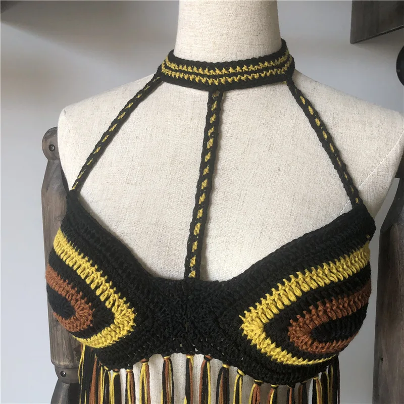 Бикини Крючком черный сексуальный женский топ с кисточками Boho пляжный купальник бахрома вязаная крючком бикини бюстгальтер с бретельками