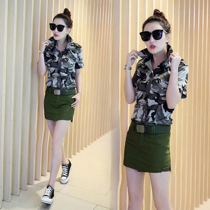 FGHGF Brand camouflage blouse women camo Cotton Military short shirts Turn-down Collar 2018 New fashion 4802 |