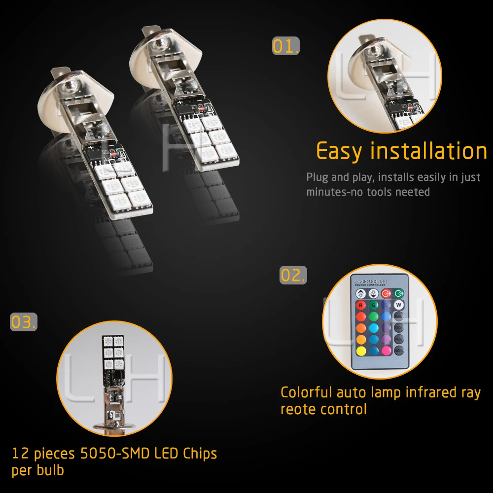 2 шт H1 RGB Противотуманные фары 5050 12SMD 12LED дневного Бег огни с Дистанционный пульт