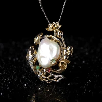 retro thai silver jewelry inlaid baroque pearl corsage chinese vintage jewelry s925 sterling silver pendant and brooch dual use