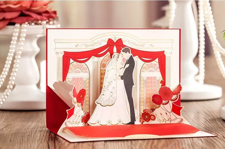 3D Обручение Пригласительных билетов красный Романтическая свадьба Приглашения