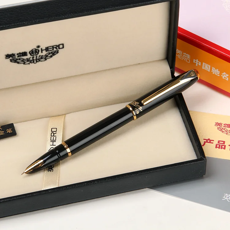Luxury 10K Gold Nib Hero Fountain Pen Hooded Nib 0.5mm Metal Gold Clip Black Pens with Gift Box Business Gift Office Supplies