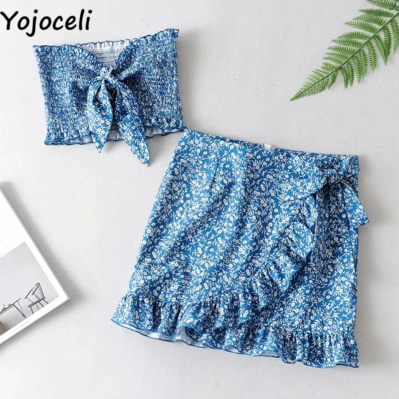 Yojoceli, сексуальное короткое платье с бантом и рюшами, Женский комплект из двух предметов, летнее элегантное пляжное платье с цветочным принтом, повседневное Повседневное платье, vestidos