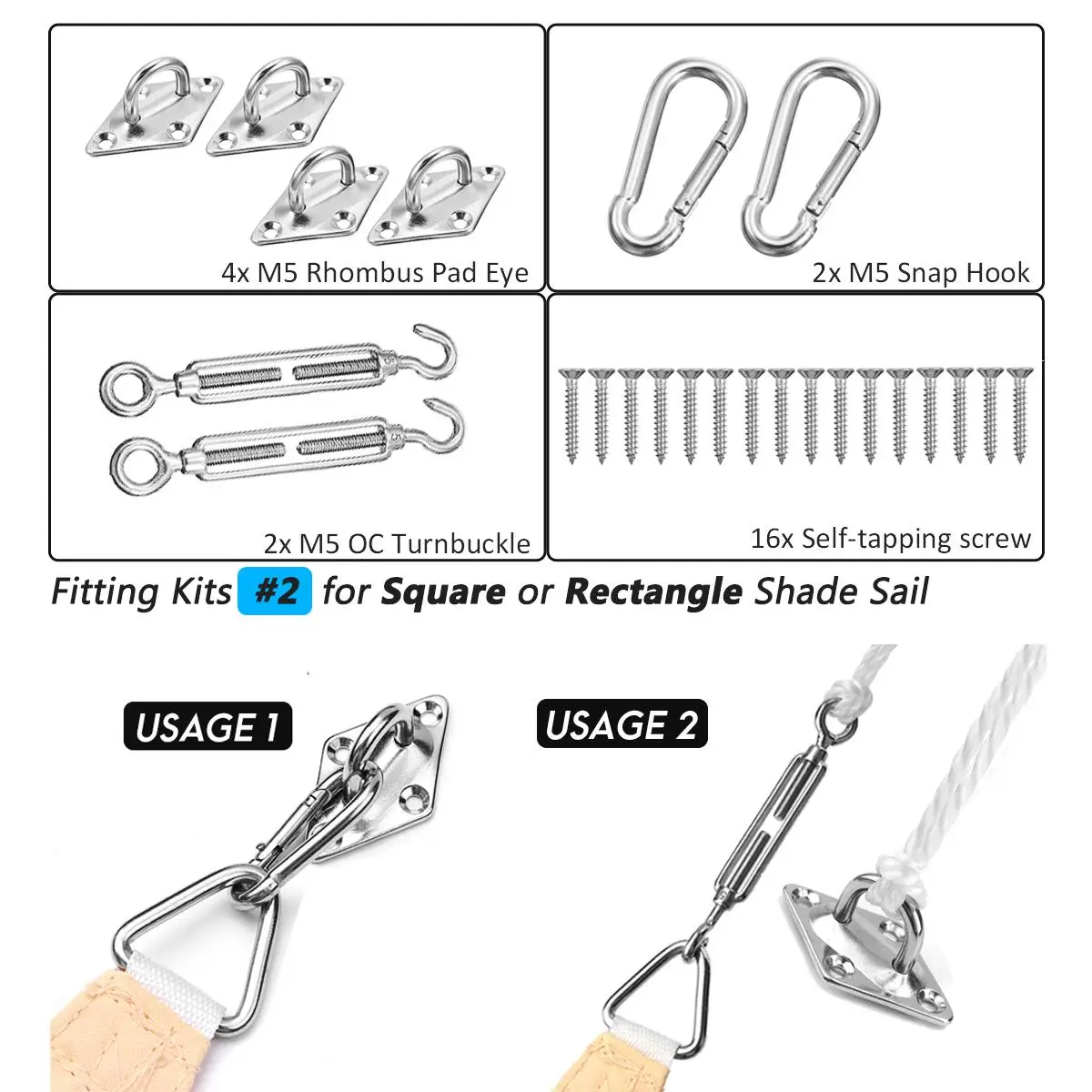 Fitting Kits 2 Металлическая фурнитура Нержавеющая сталь Натяжной тент солнце приют комплект фиттингов тент специальные фиксированной аксессуары тени аксессуары для парусного спорта - Цвет: Fitting Kits 2