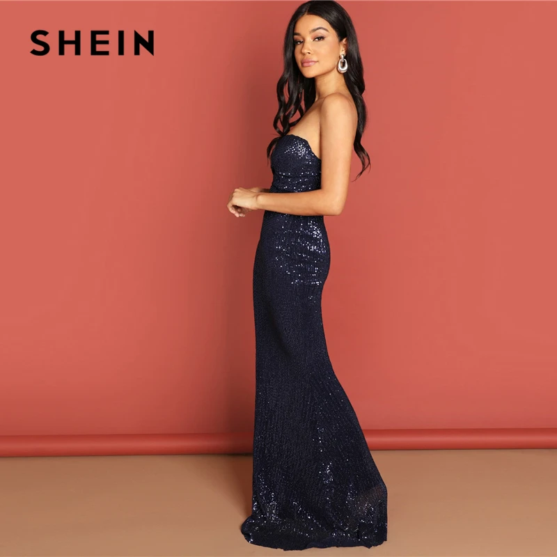 SHEIN темно-синее элегантное Сетчатое платье без бретелек с блестками, облегающее вечернее платье с высокой талией и молнией сзади, летнее женское платье для вечеринок
