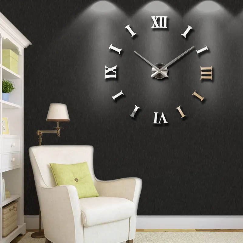 Silver Silver Center Модные 3D настенные часы большого размера, зеркальные наклейки, сделай сам, Короткие настенные часы для гостиной - Цвет: Silver Silver Center