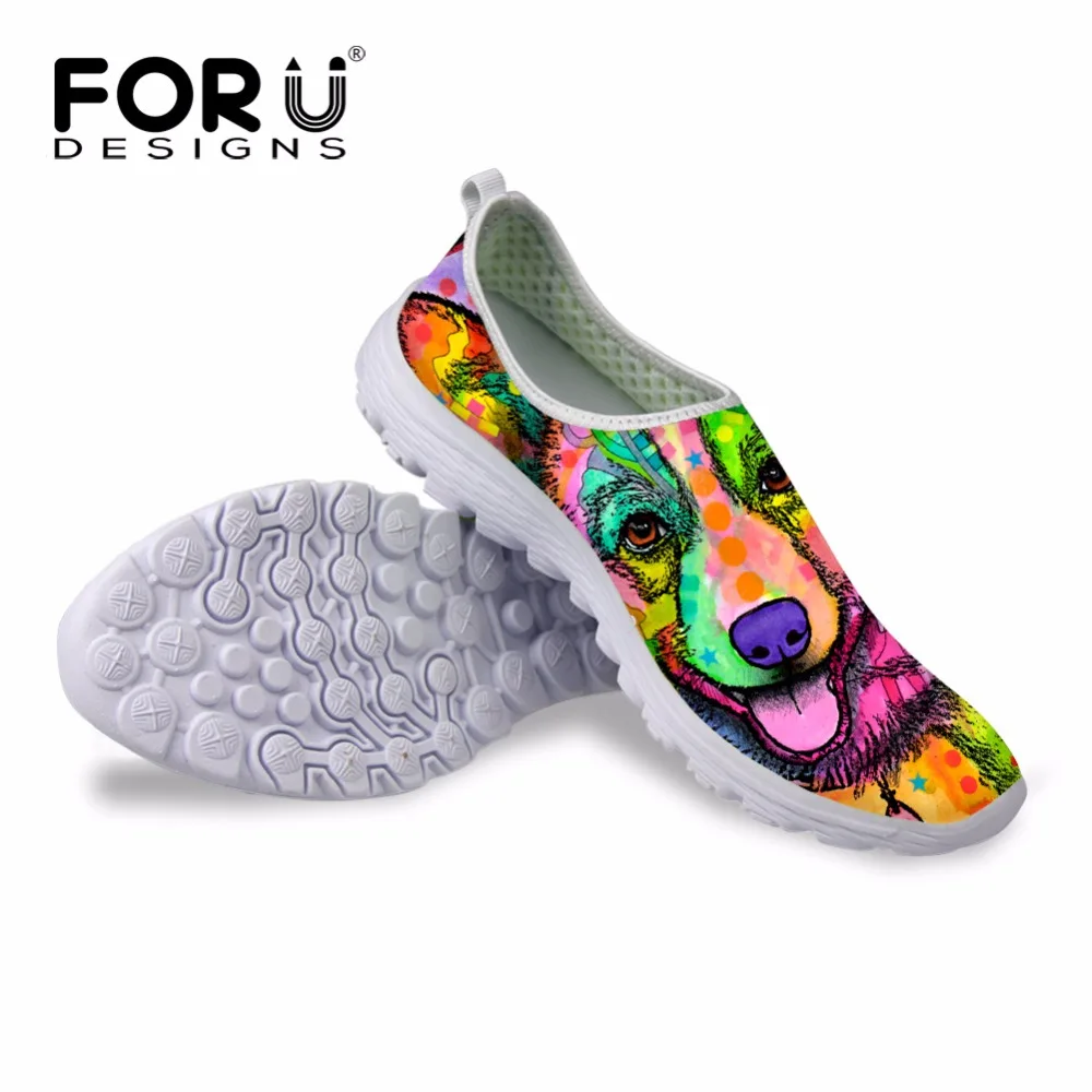 FORUDESIGNS/Цветная Женская сетчатая обувь для дома с принтом кота и собаки; сезон весна-лето; женские дышащие удобные лоферы; обувь на плоской подошве