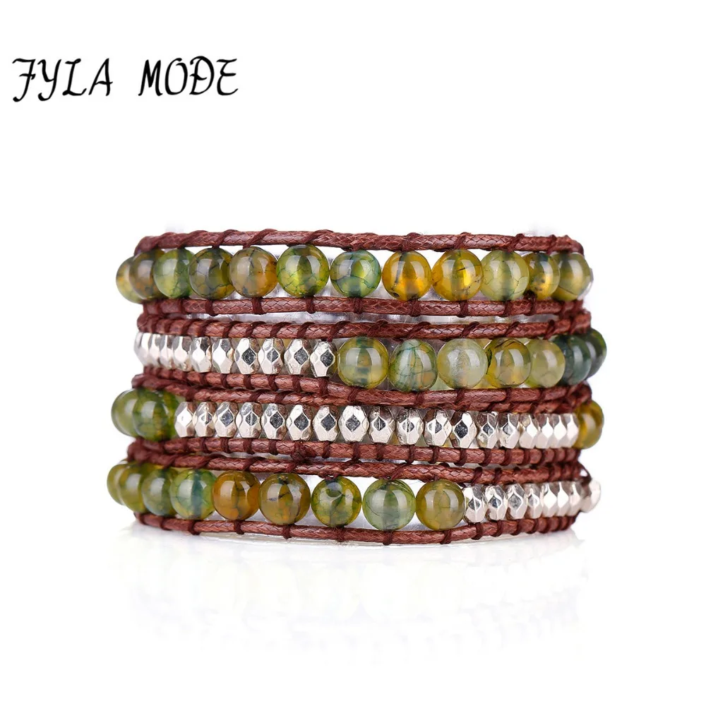 Браслет Fyla Mode для пары новинка 4 ряда 6 мм Зеленый Дракон натуральный коричневый