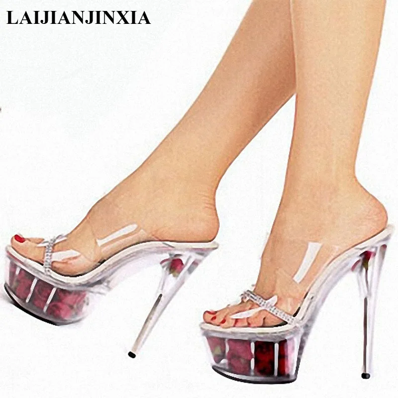 LAIJIANJINXIA 15CM High Heels Flowers Platform Sexy Slippers Nightclub Party Dancing Shoes Open Toe Women Pole Dance | Спорт и