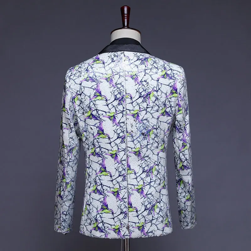 Mens White Sequin Blazer Purple Embellished Hombre Homme Glitter Jacket Men Floral Suit | Мужская одежда