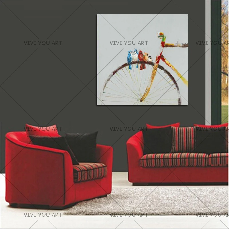

2018 New Wall Art Canvas 100% Hand painted Abstract Bicycle Oil Painting Birds Paintings Modern Living Room Wall Decor Pictures