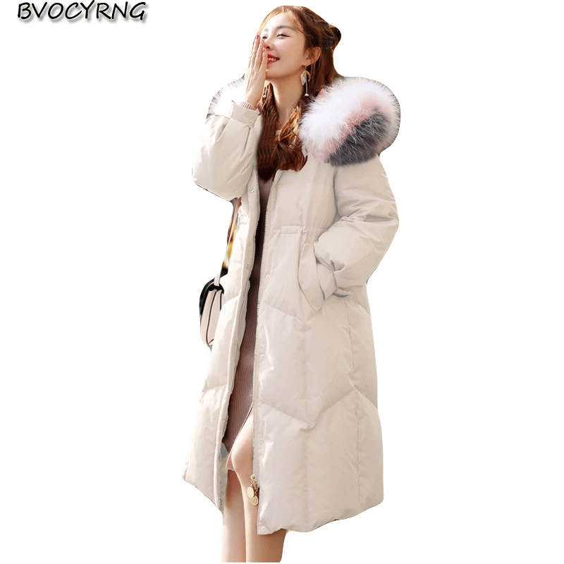 

New Winter Down Parker Women Big fur collar Thicken Warm Coat Large size Female Winter White duck down Coats Loose Long jacket