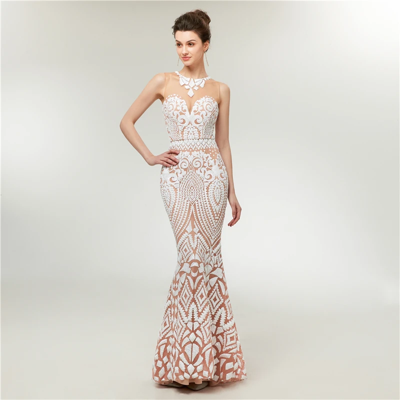 Женское платье подружки невесты с блестками и юбкой годе круглым вырезом |