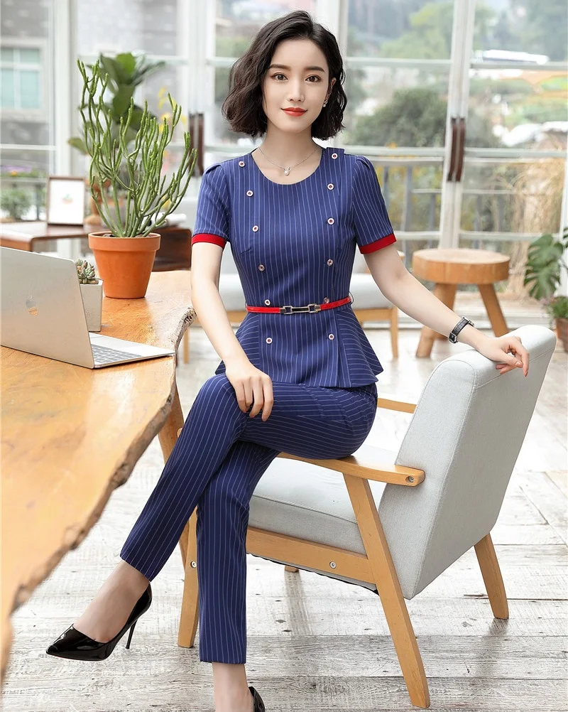 Женский блейзер в синюю полоску деловой костюм с ремнем комплект из брюк и