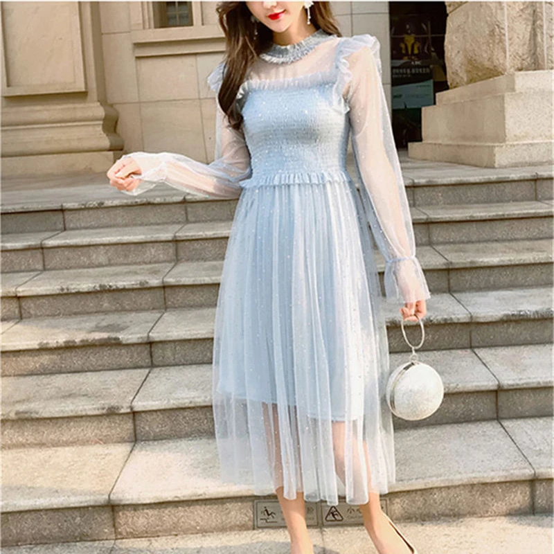 Корея летнее платье 2018 женское Повседневное сетка с длинным рукавом Высокая