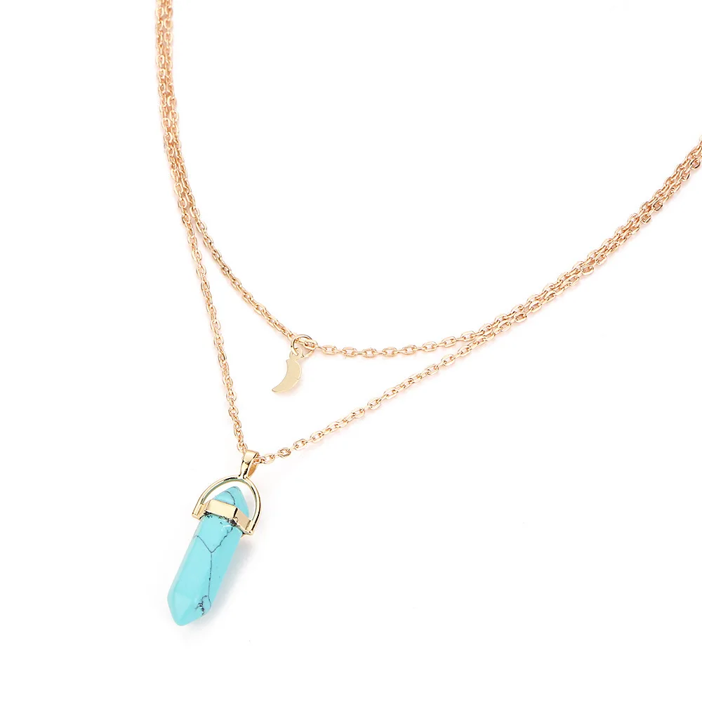 

New Arrival Bullet Shaped Natural Stone Pendants Necklaces Women Ladies Presents Double Layer Moon Chokers Collar Chain Jewelry