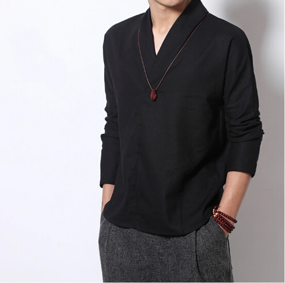 Мужской Хлопковый льняной костюм Топ с длинным рукавом в китайском стиле дышащие