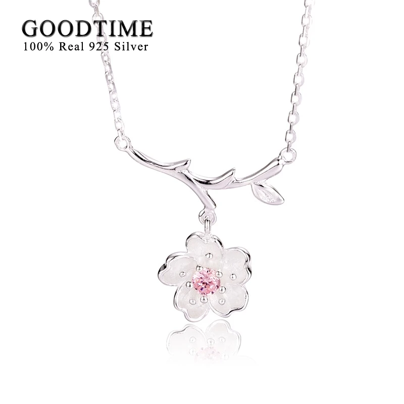 

Real Genuine 925 Sterling Silver Necklace Pink Crystal Cherry Blossoms Flower Pendants & Necklaces Lovely Romantic Women Jewelry