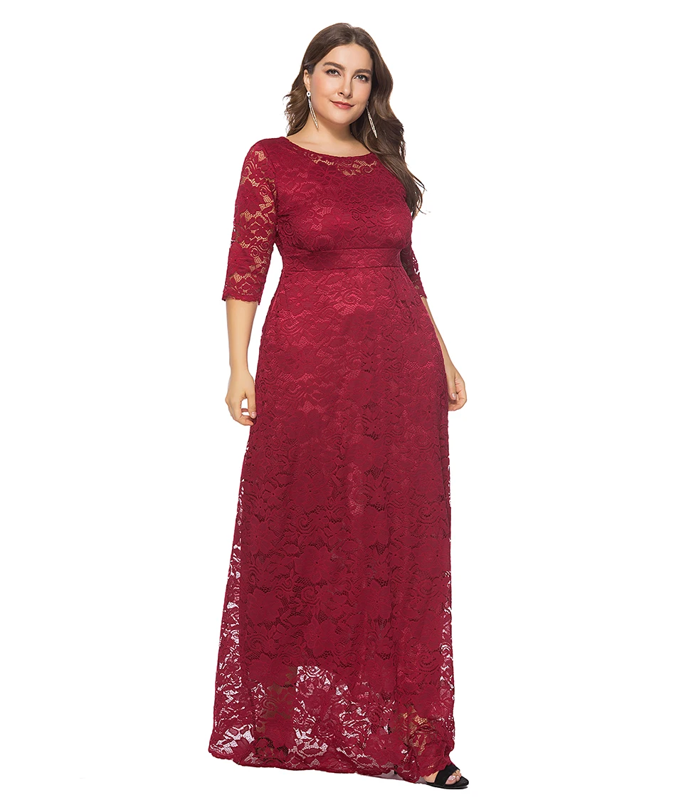 Miaoke Plus Size Red Maxi Lace Dress Women Clothing High Quality Fashion Vintage Sexy Club Party Elegant Dresses