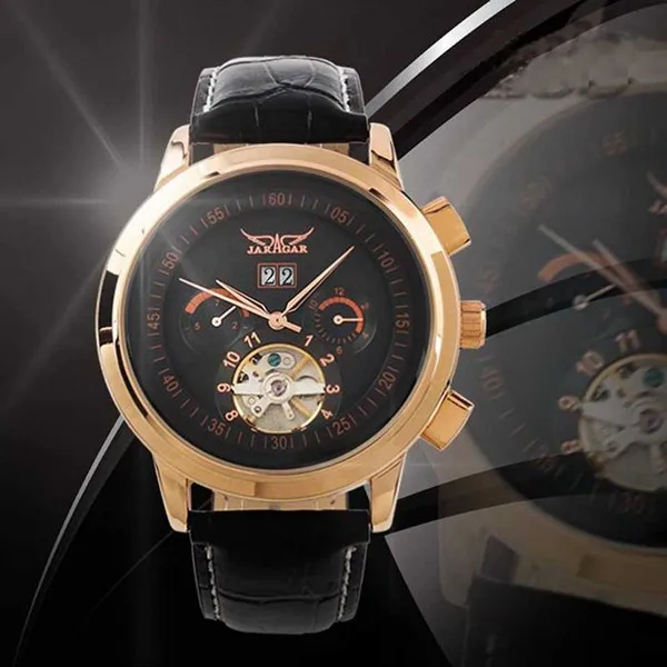 JARAGAR бренд автоматические механические Tourbillon маховик кожа часы Подарочная коробка Relogio relegs новинка